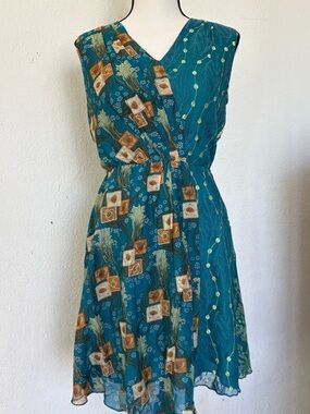 Anna Sui Teal and Mustard Sleeveless Midi Dress